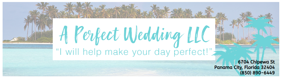 Banner for “A Perfect Wedding LLC” with palm trees, blue sky, and the tagline “I will help make your day perfect!”