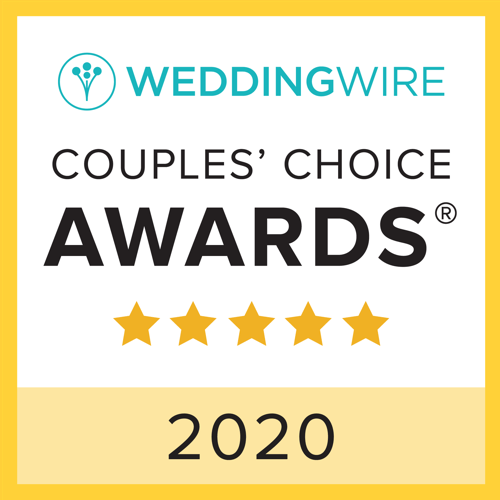 WeddingWire Couples’ Choice Awards badge, 2020, with five gold stars on white and gold background