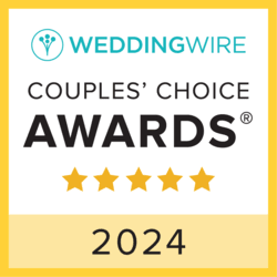 WeddingWire Couples’ Choice Awards badge, 2024, with five gold stars and teal logo on white and gold background