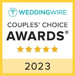 WeddingWire Couples’ Choice Awards badge, 2023, with five gold stars on a white and gold background