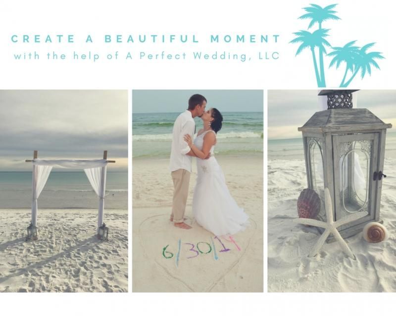 Wedding promotion collage: beach altar, kissing bride and groom, and lantern on sand under a palm graphic.