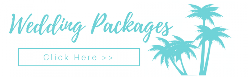 Wedding Packages banner with turquoise palm trees and a “Click Here >>” button on a white background