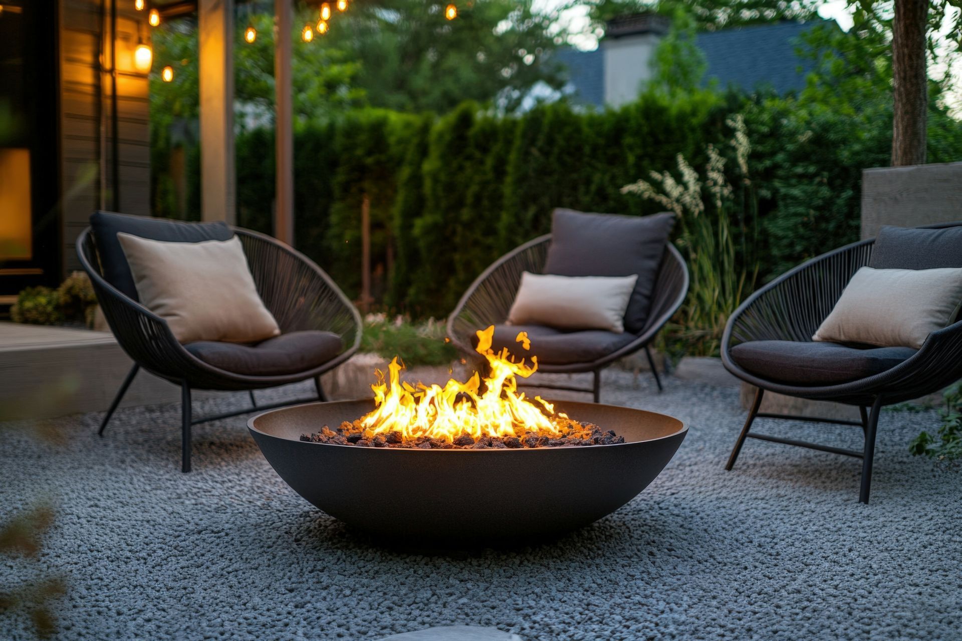 There is a fire pit in the middle of the patio with chairs around it.