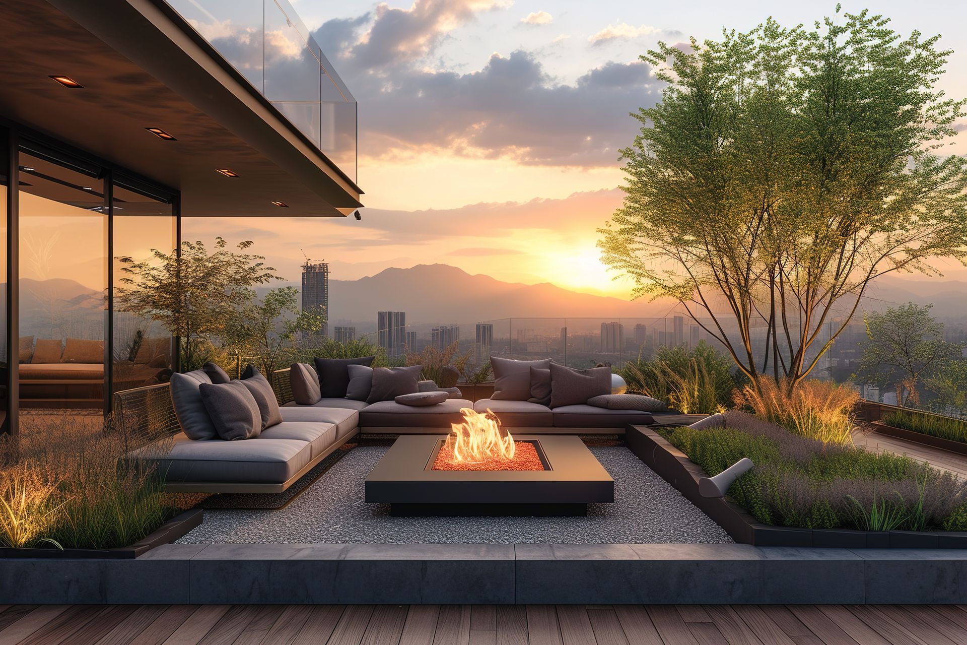 A patio with a fire pit and a view of the city at sunset.