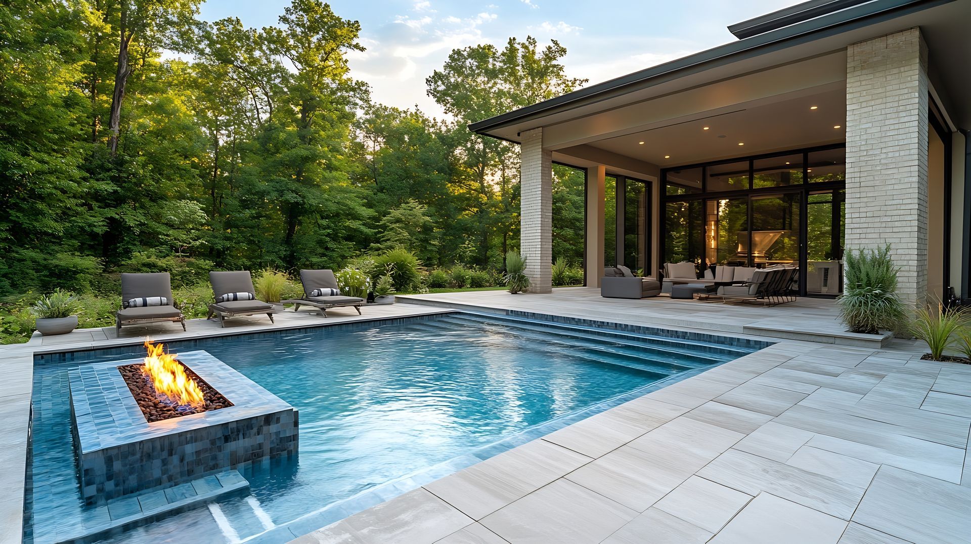 There is a fire pit in the middle of the pool.