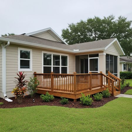 A house with a screened in porch and a wooden deck