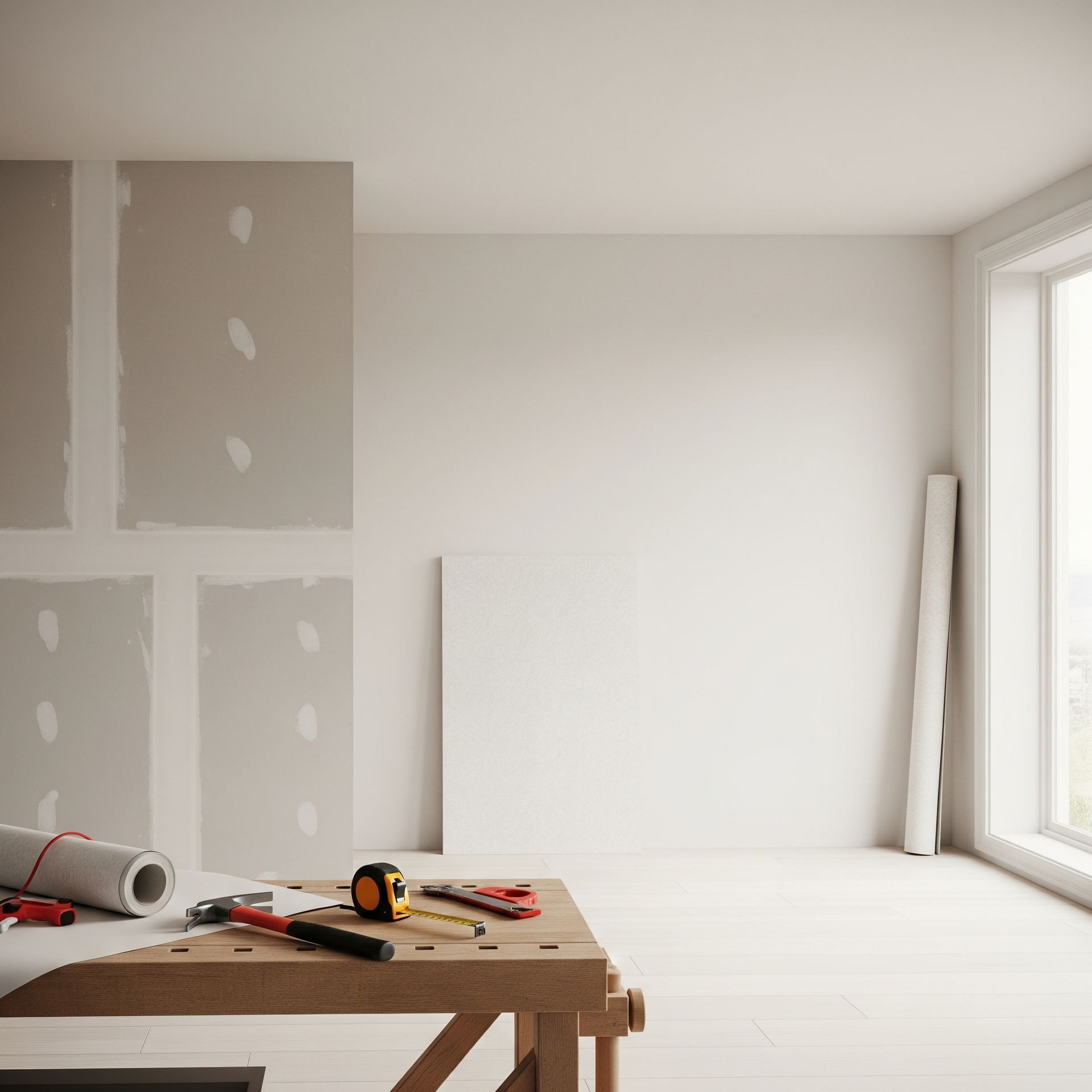 An empty room with a wooden table and tools on it.