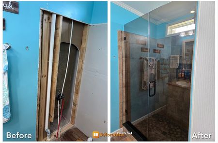 A before and after photo of a bathroom with a shower stall.
