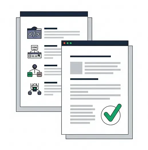 Imagem vetorial de documentos sobrepostos com elementos gráficos de auditoria SEO, como código, rastreamento e estrutura de site.