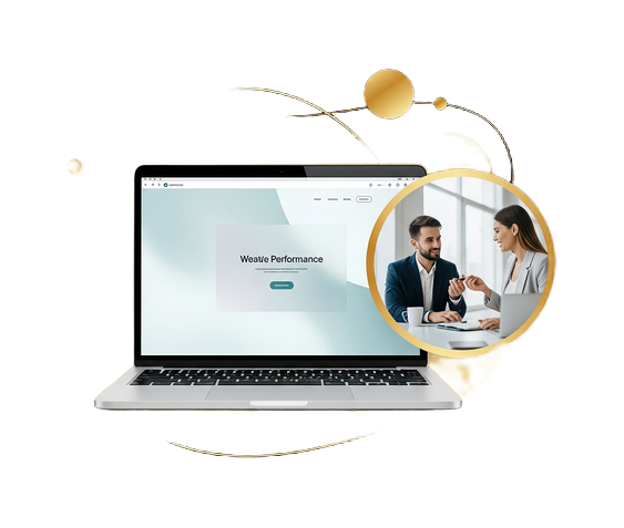 Laptop com site de performance digital e imagem de consultores em reunião, sobre fundo com formas douradas