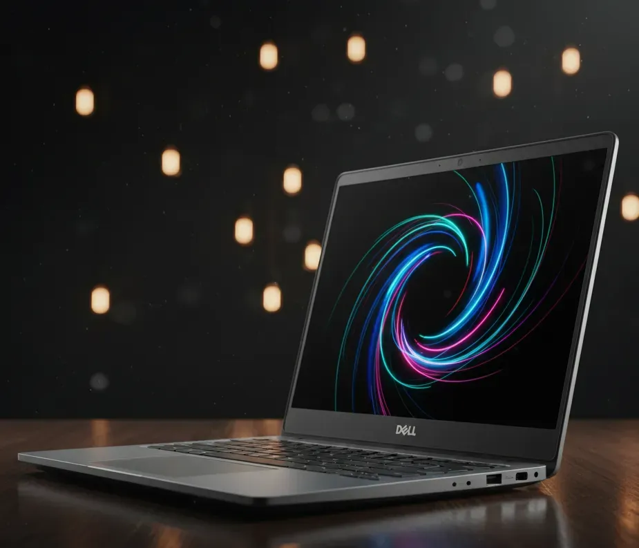 Notebook Dell com tela com padrão espiral sobre superfície de madeira e luzes bokeh ao fundo.