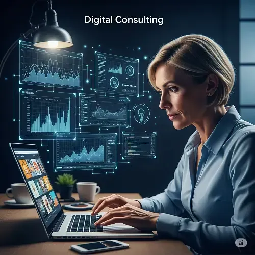 Consultora digital a analisar dados estratégicos num portátil