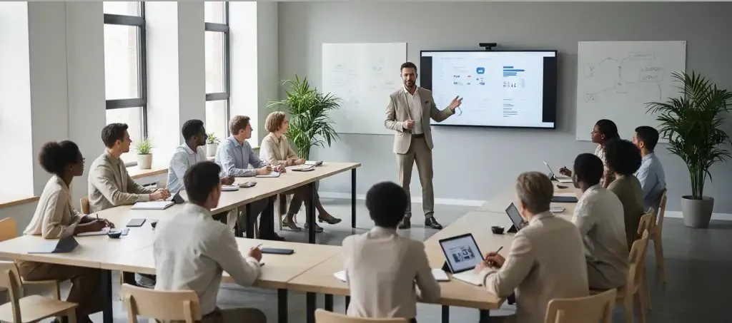 Formação de formadores focada em partilha de conhecimento e aprendizagem prática Formação de formadores em sala de aula moderna com grupo de participantes atentos
