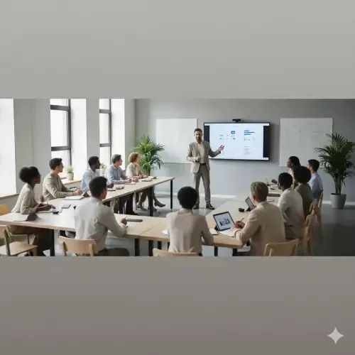 Um empresário fazendo uma apresentação para um grupo em um escritório bem iluminado.