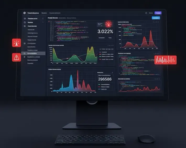 Imagem de um ecrã com gráficos técnicos e código a ser analisado, representando uma auditoria profunda a um site para identificar falhas que afetam o desempenho no Google.