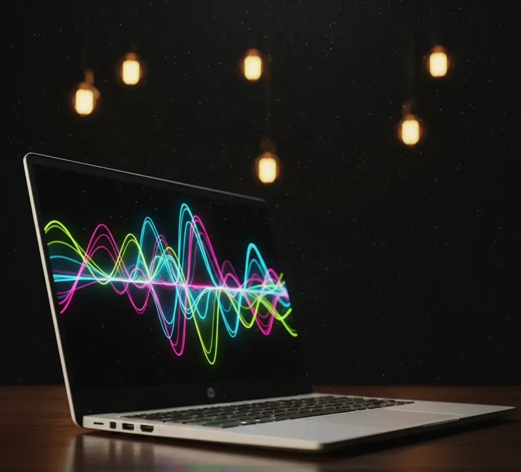 Laptop exibindo padrões coloridos de ondas sonoras, em um fundo escuro com luzes penduradas.
