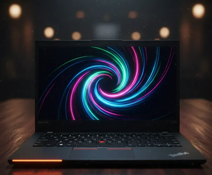 Laptop com a tela aberta exibindo uma espiral vibrante de luz neon contra um fundo desfocado.