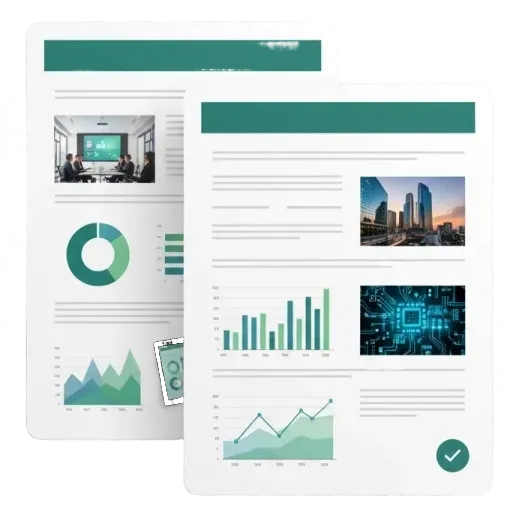 Dois relatórios com gráficos, imagens e detalhes em verde. Um mostra uma reunião, o outro, edifícios da cidade.