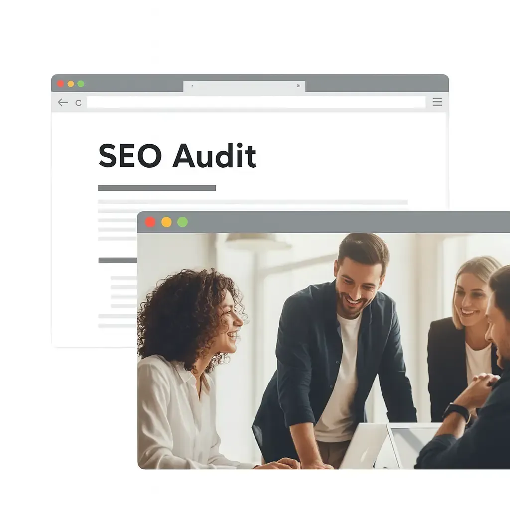Equipa de consultoria reunida a analisar uma auditoria SEO num ambiente profissional