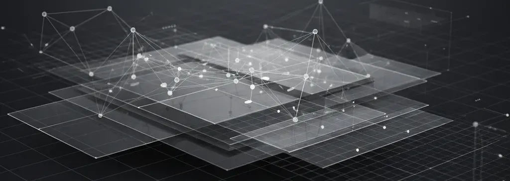 Gráfico abstrato de quadrados sobrepostos conectados por linhas e nós em um fundo escuro.