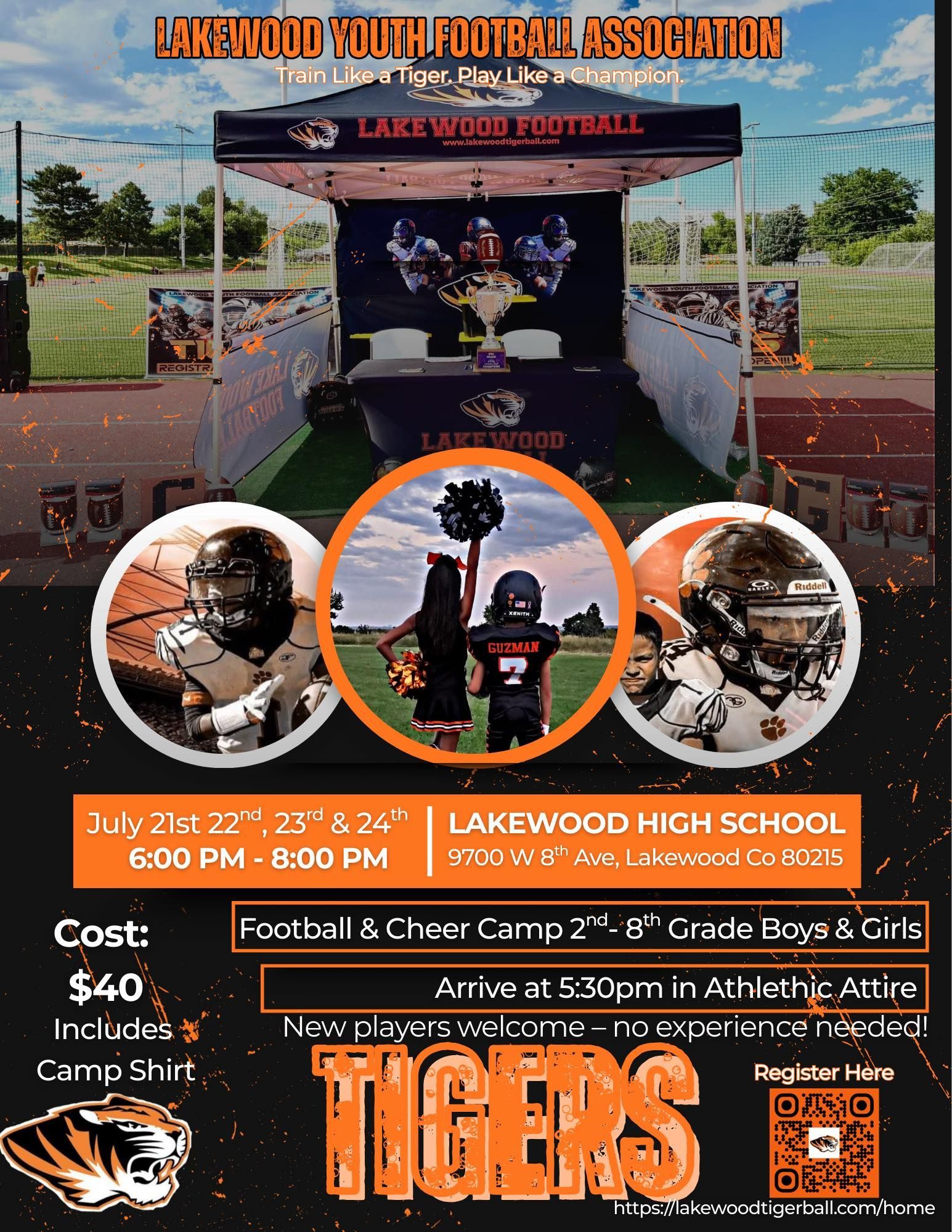 Lakewood Tigers football tryout poster with players, orange-black graphics, and practice details at Lakewood High School