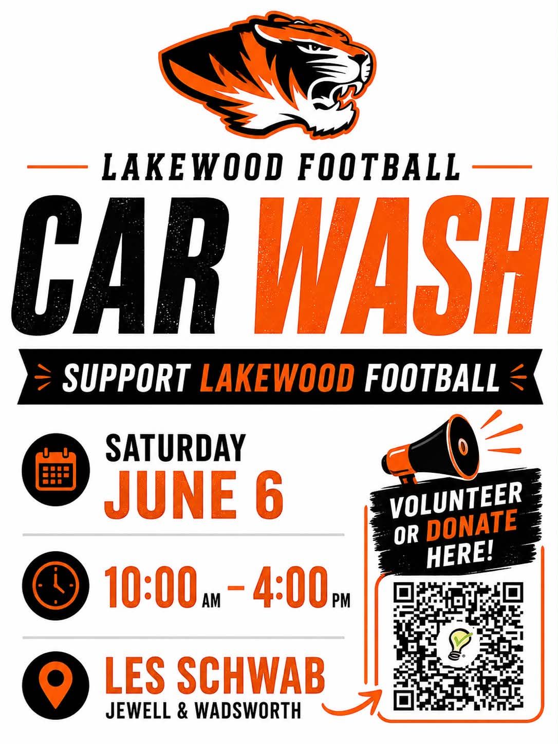 Lakewood Football car wash fundraiser poster, June 6, 10 a.m.–4 p.m., Les Schwab, with volunteer QR code.