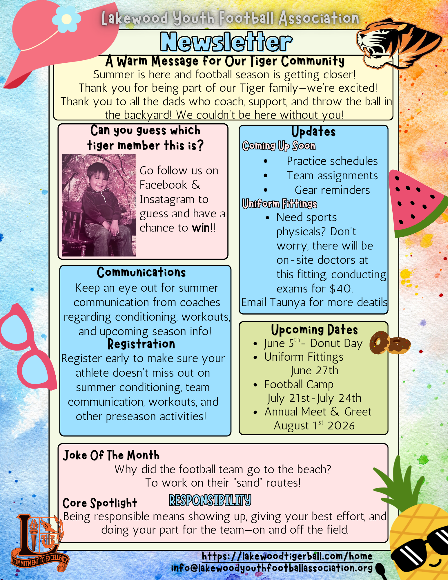 Colorful newsletter with boxed sections, floral borders, and a monthly events list