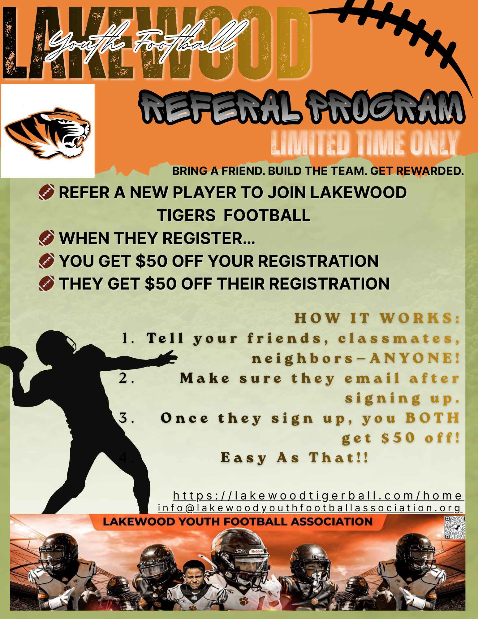 Lakewood Tigers referral program flyer with orange background, football graphic, and player silhouettes promoting cash rewards