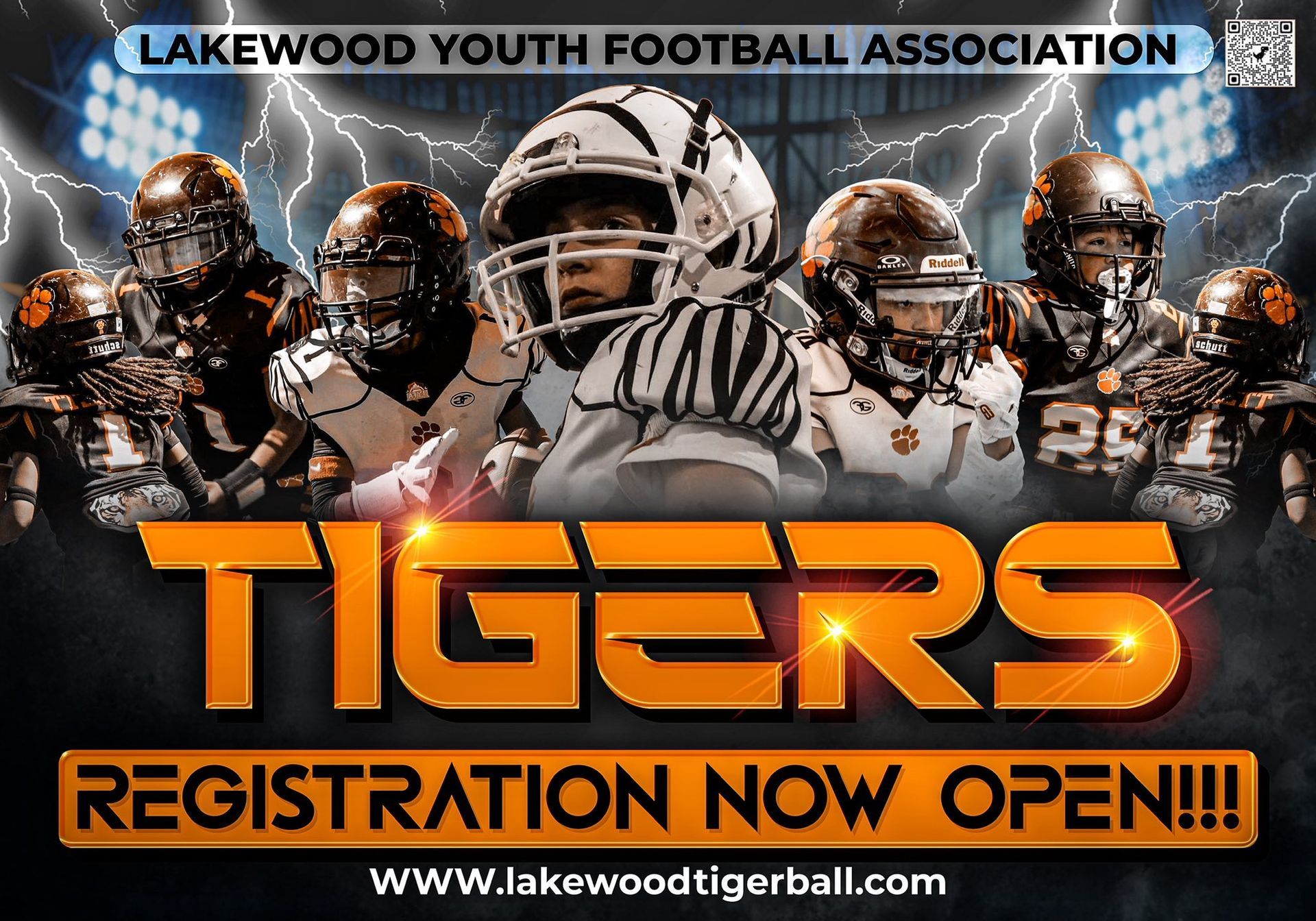 Lakewood Youth Football Association Tigers registration poster with football players and orange text on black