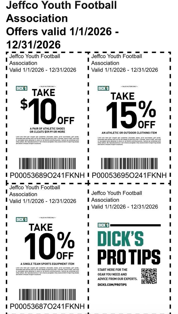 Jeffco Youth Football Association coupon flyer with four discount offers and Dick’s Pro Tips logo