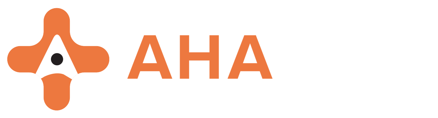 Orange AHA logo with a four-pointed icon and a central dot on a white background