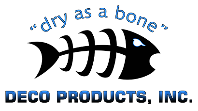 Deco Products, Inc. logo with black fish skeleton and blue “dry as a bone” text