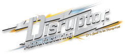Stylized “Disruptor Manufacturing” logo in gray and gold with a white background and tagline