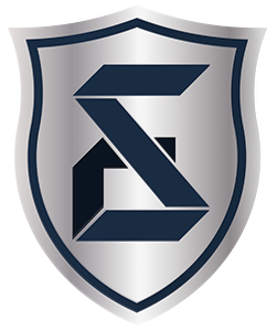 Silver shield logo with dark blue geometric letter S and border