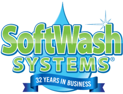SoftWash Systems logo in green and blue with “32 Years in Business” ribbon