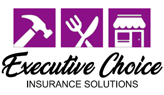 Executive Choice Insurance Solutions logo with purple hammer, utensils, and storefront icons