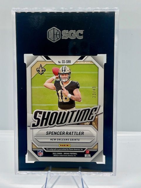 2024 Panini Mosaic Spencer Rattler Rookie Showtime Signatures Purple Prism 23/49 Auto