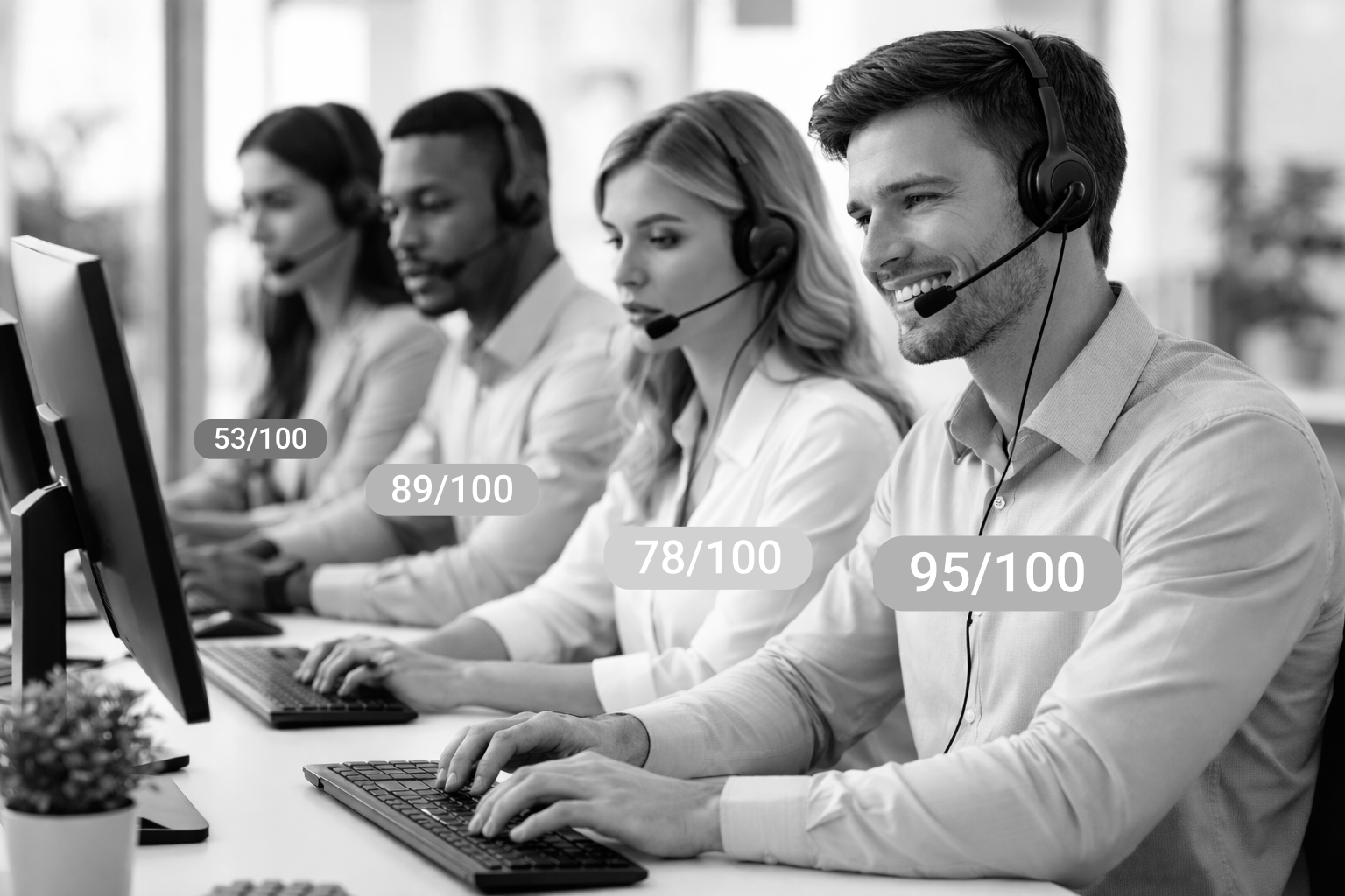 Customer service representatives working at computers, wearing headsets. Scores of 82, 89, 78, and 95 are displayed.