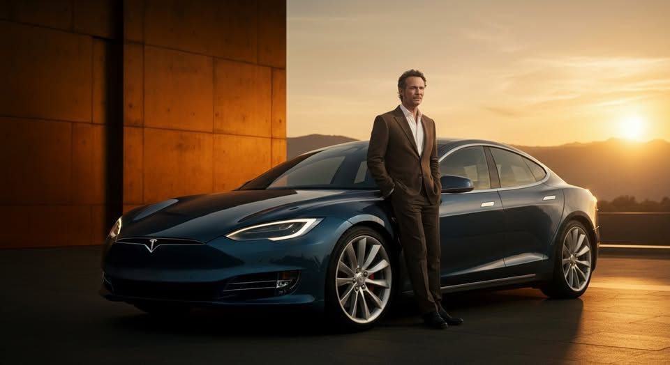 A man in a suit is standing next to a tesla model s.