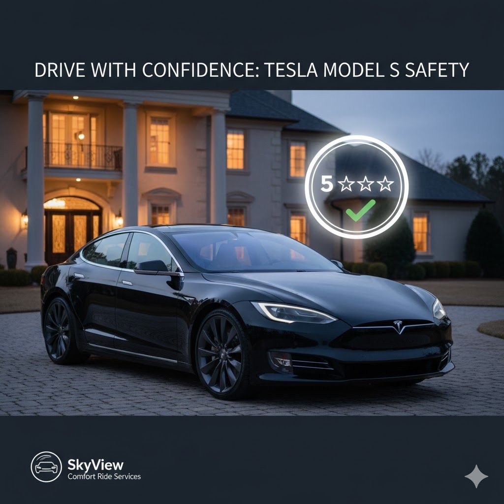 Black Tesla Model S, 5-star safety rating, luxury car service, SkyView Comfort Ride Services.