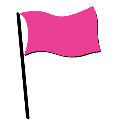 A pink flag is waving in the wind on a black pole.