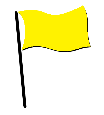 A yellow flag is waving in the wind on a black pole.