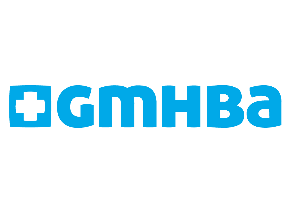 The logo for gmhba is blue with a white cross in the middle.