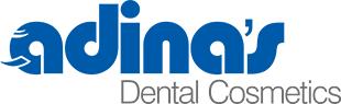 The logo for adina 's dental cosmetics is blue and white