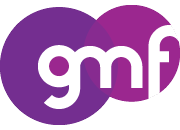 The gmf logo is a purple and white circle with the letters gmf inside of it.
