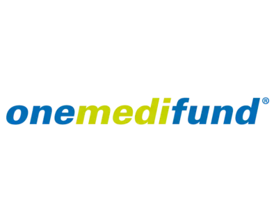 The logo for onemedifund is blue and green on a white background.