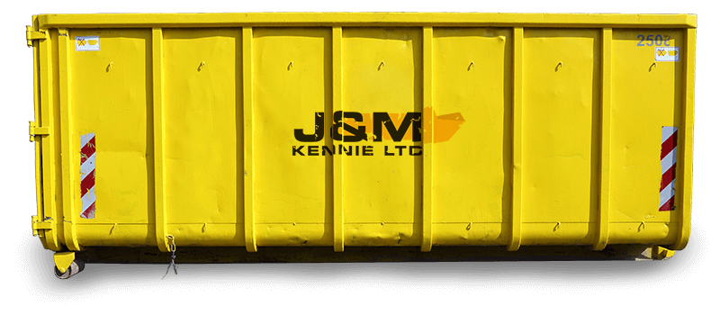 A yellow dumpster with J & M Kennie Ltd written on it