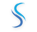 A blue letter s with a brush stroke on a white background.