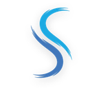 A blue letter s with a brush stroke on a white background.