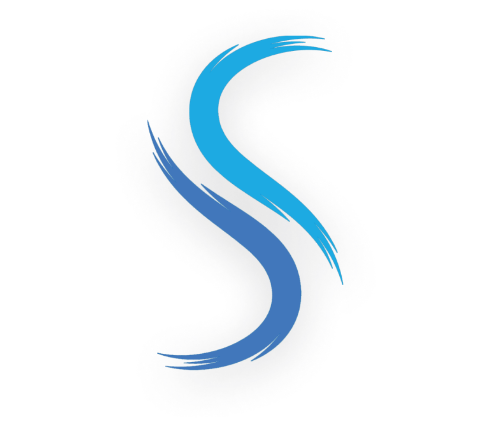 A blue letter s with a brush stroke on a white background.